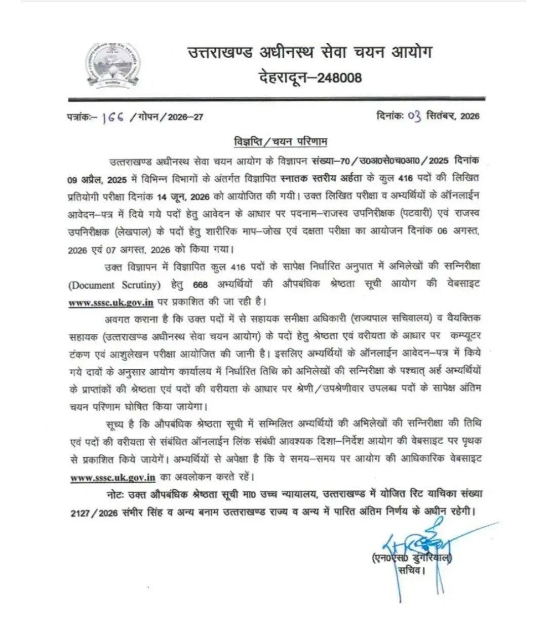 उत्तराखण्ड अधीनस्थ सेवा चयन आयोग के भर्ती परीक्षा की आई बड़ी अपडेट
